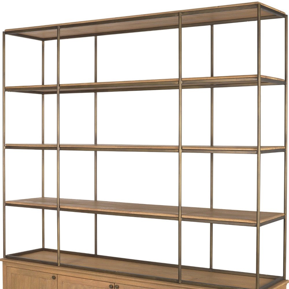 Antiqued Brass and Light Brown Distressed Metal and Solid Wood Three Tier Bookcase with Four Doors