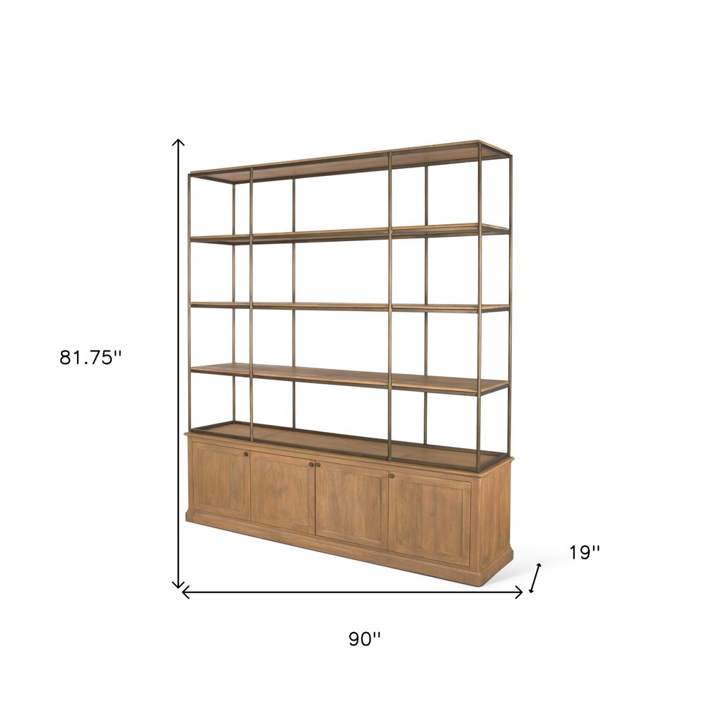 Antiqued Brass and Light Brown Distressed Metal and Solid Wood Three Tier Bookcase with Four Doors