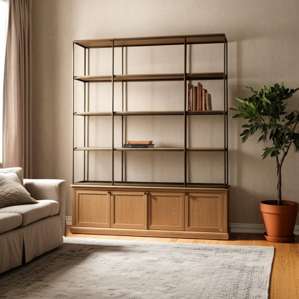 Antiqued Brass and Light Brown Distressed Metal and Solid Wood Three Tier Bookcase with Four Doors