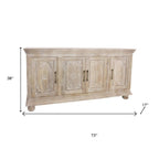 Antiqued White Distressed Solid Wood Carved Floral Sideboard with Four Doors
