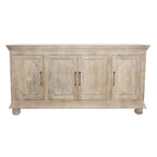 Antiqued White Distressed Solid Wood Carved Floral Sideboard with Four Doors