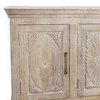 Antiqued White Distressed Solid Wood Carved Floral Sideboard with Four Doors