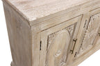 Antiqued White Distressed Solid Wood Carved Floral Sideboard with Four Doors