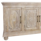 Antiqued White Distressed Solid Wood Carved Floral Sideboard with Four Doors