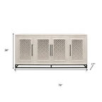 Antiqued White Distressed Solid Wood Carved Geometric Sideboard with Four Doors