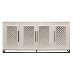 Antiqued White Distressed Solid Wood Carved Geometric Sideboard with Four Doors