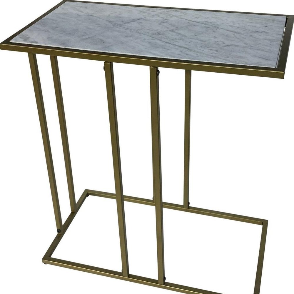 White and Antiqued Gold Marble and Iron End Table - 26-inch