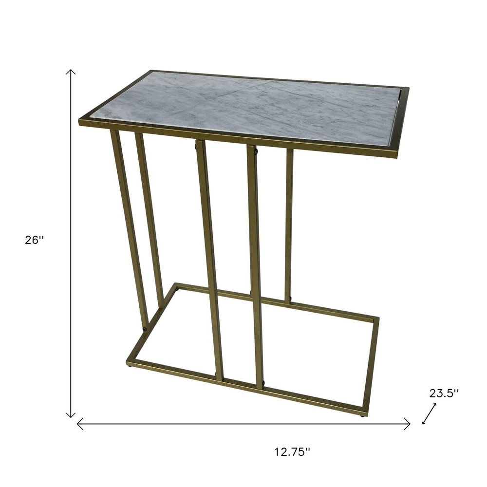 White and Antiqued Gold Marble and Iron End Table - 26-inch