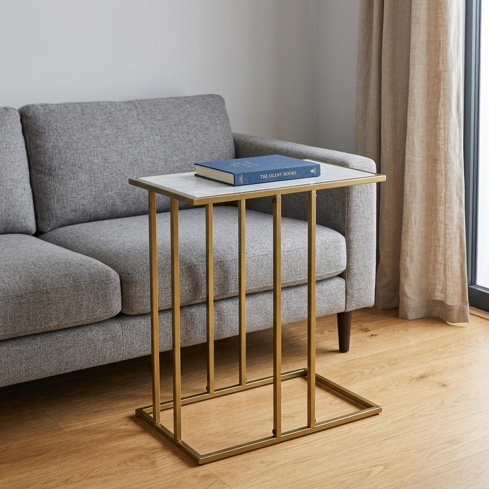 White and Antiqued Gold Marble and Iron End Table - 26-inch