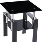 Black Glass and Metal Square End Tables with Shelf