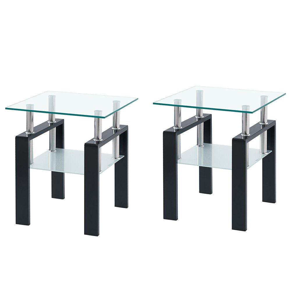 Clear and Black Glass and Steel Square End Table with Shelf - 20-inch