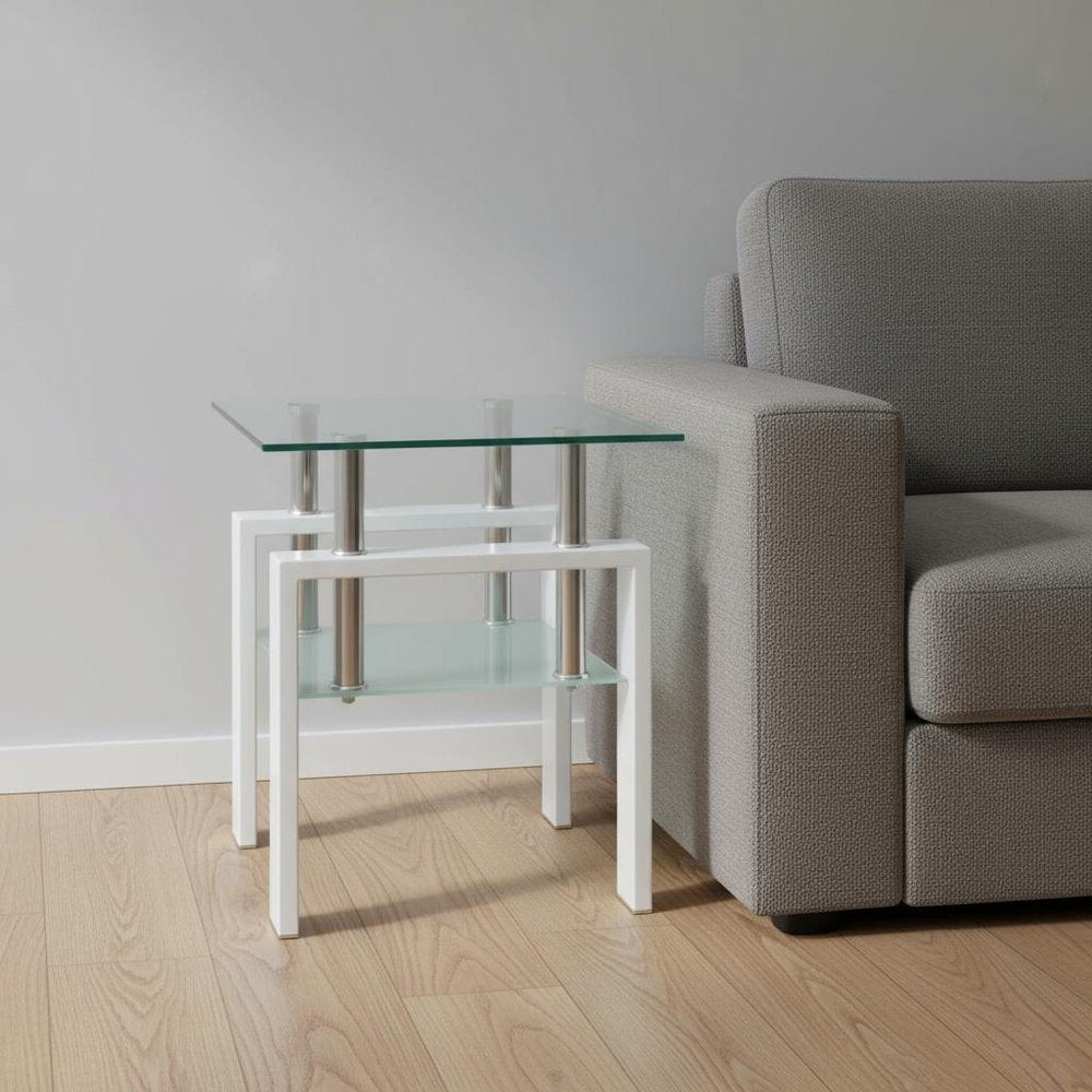 Clear and White Glass and Metal Square End Table with Shelf - 20-inch