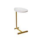 Set of Two White and Gold Faux Marble and Metal Oval End Tables