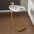 White and Gold Faux Marble and Metal Oval End Table - 24-inch