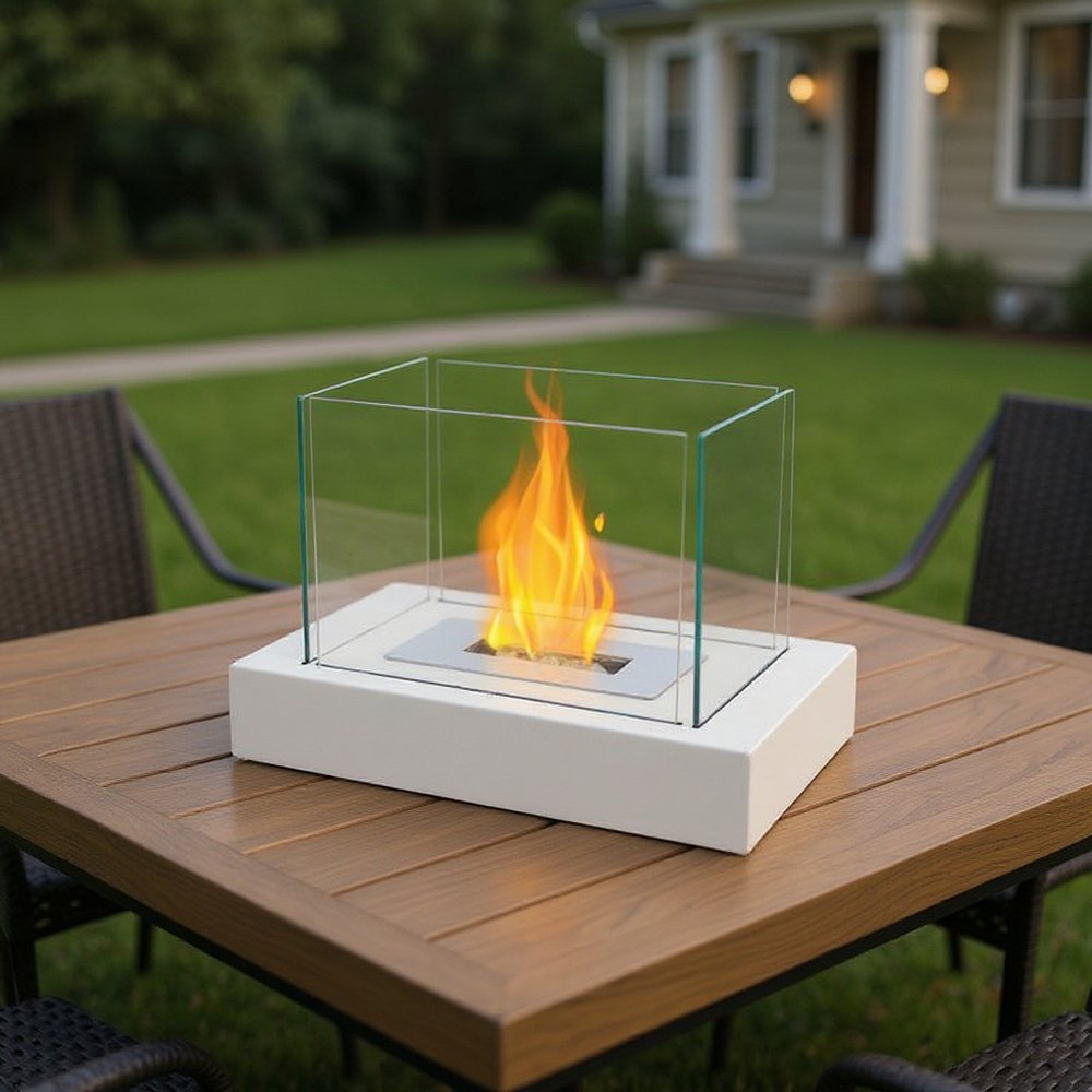 White and Clear Metal and Glass Bioethanol Portable Tabletop Firepit - 14-inch