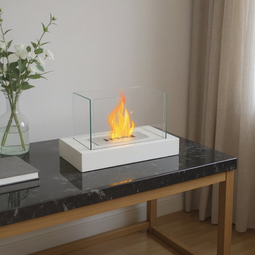 White and Clear Metal and Glass Bioethanol Portable Tabletop Firepit - 14-inch