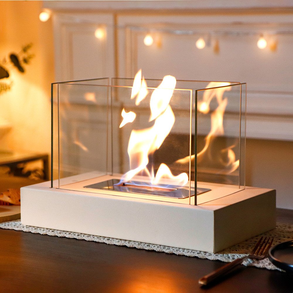 White and Clear Metal and Glass Bioethanol Portable Tabletop Firepit - 14-inch