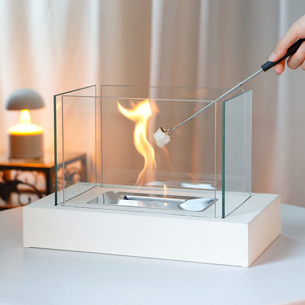 White and Clear Metal and Glass Bioethanol Portable Tabletop Firepit - 14-inch