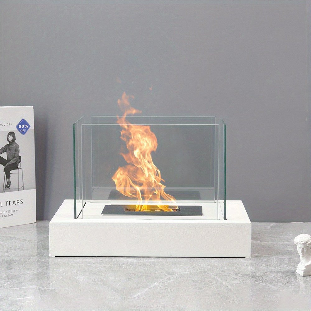 White and Clear Metal and Glass Bioethanol Portable Tabletop Firepit - 14-inch