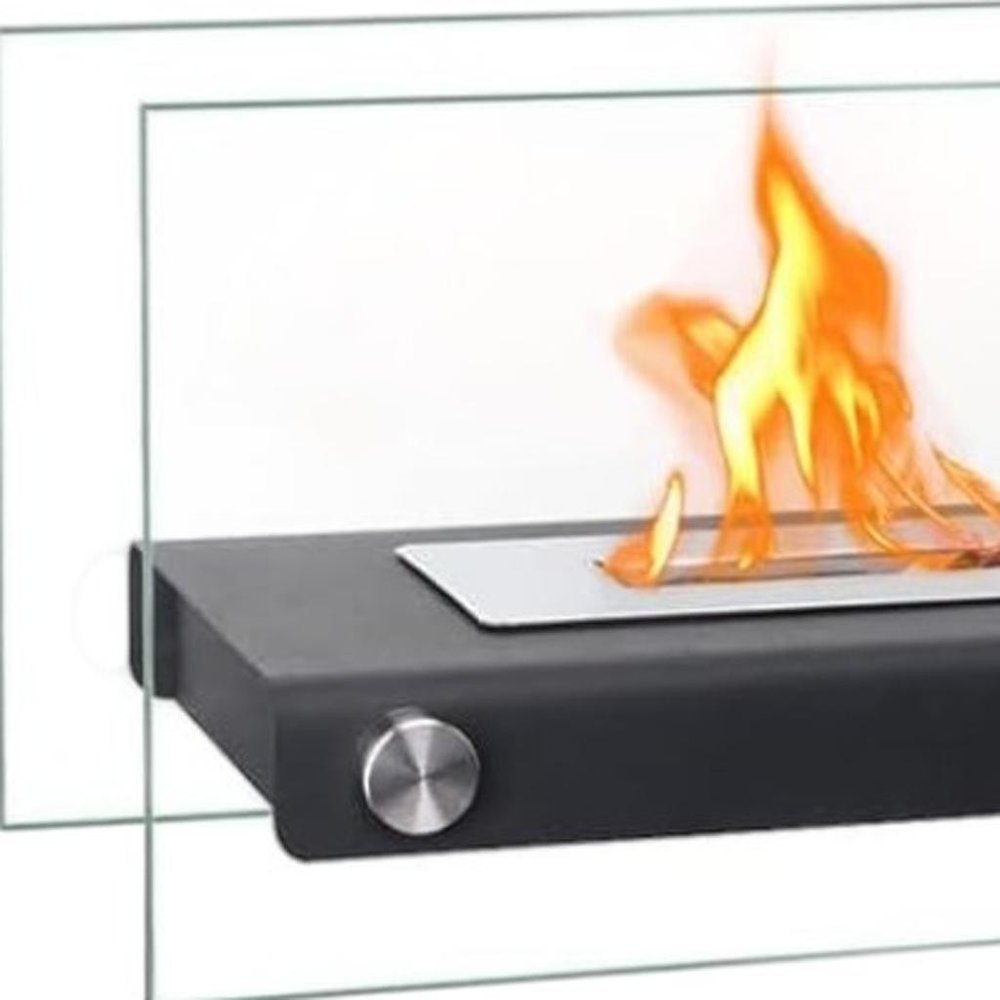 8000 Btu 14 Black and Silver Glass and Stainless Steel Bio-Ethanol Fuel Portable Rectangular Fire Pit