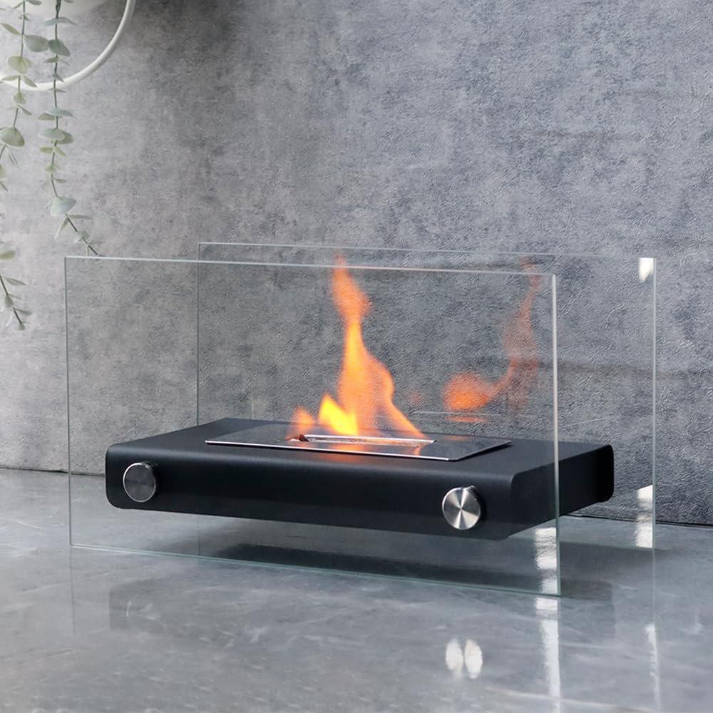 8000 Btu 14 Black and Silver Glass and Stainless Steel Bio-Ethanol Fuel Portable Rectangular Fire Pit