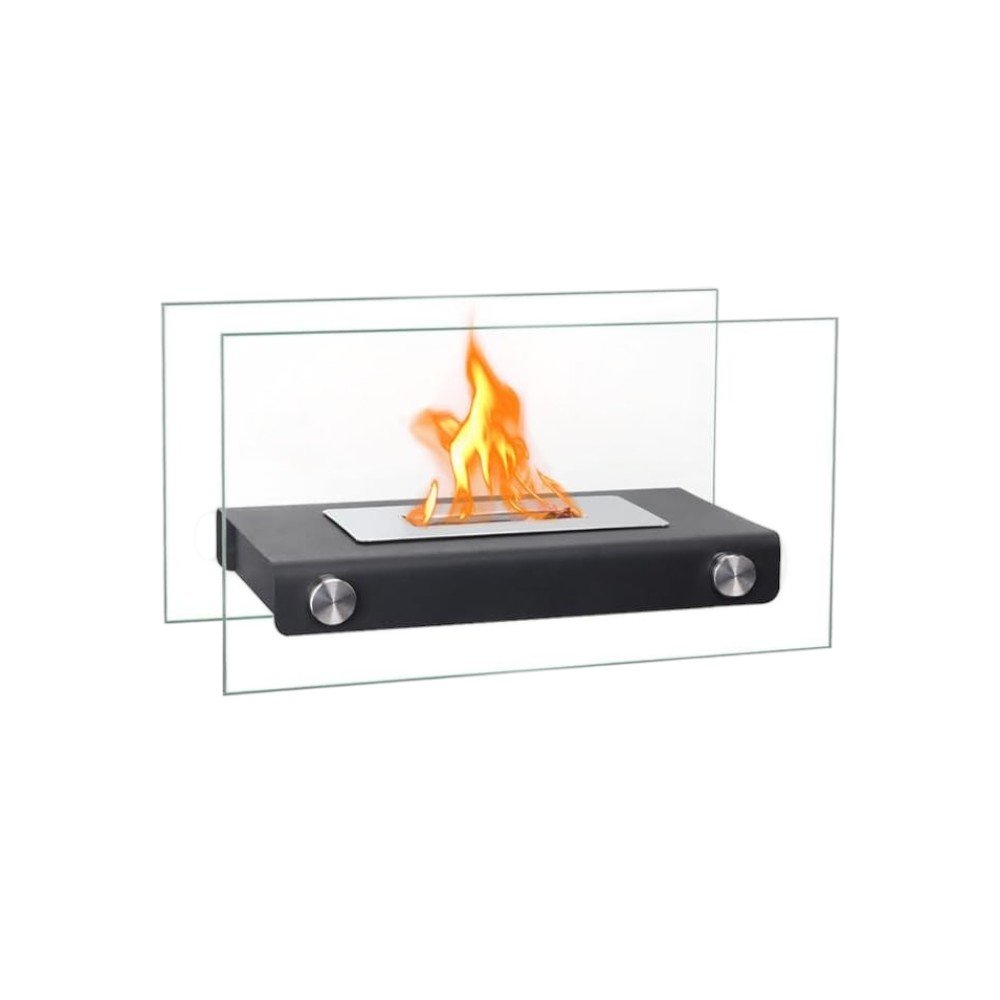 8000 Btu 14 Black and Silver Glass and Stainless Steel Bio-Ethanol Fuel Portable Rectangular Fire Pit