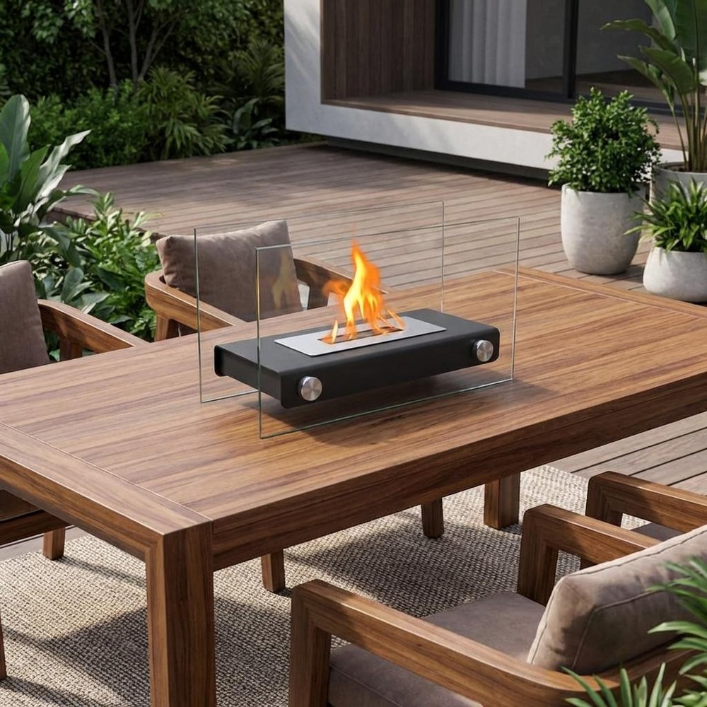 8000 Btu 14 Black and Silver Glass and Stainless Steel Bio-Ethanol Fuel Portable Rectangular Fire Pit