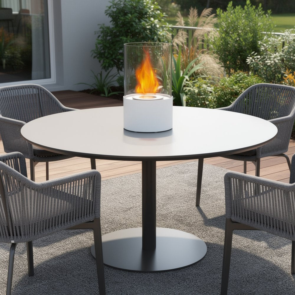 White and Clear Stainless Steel and Glass Bioethanol Portable Tabletop Firepit