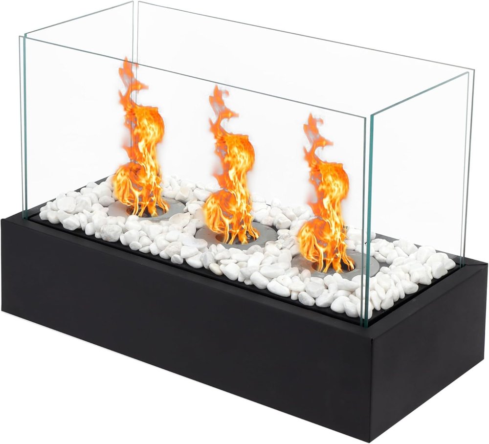 8000 Btu 18 Black and White Glass and Stainless Steel Bio-Ethanol Fuel Portable Rectangular Fire Pit