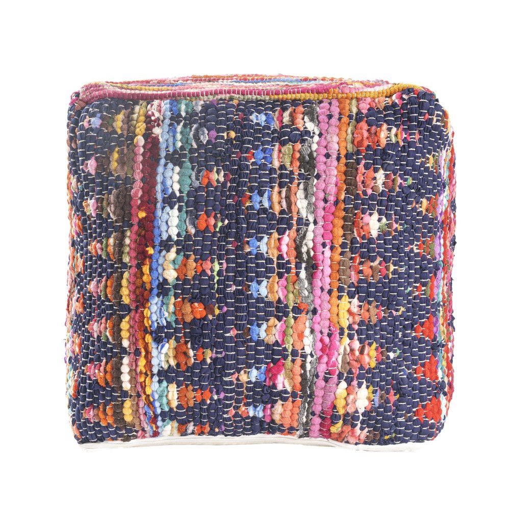 Blue Cotton and Jute Cube Pouf Ottoman - 18-inch