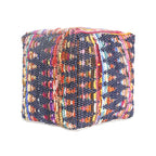 Blue Cotton and Jute Cube Pouf Ottoman - 18-inch