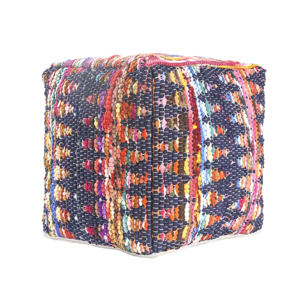 Blue Cotton and Jute Cube Pouf Ottoman - 18-inch