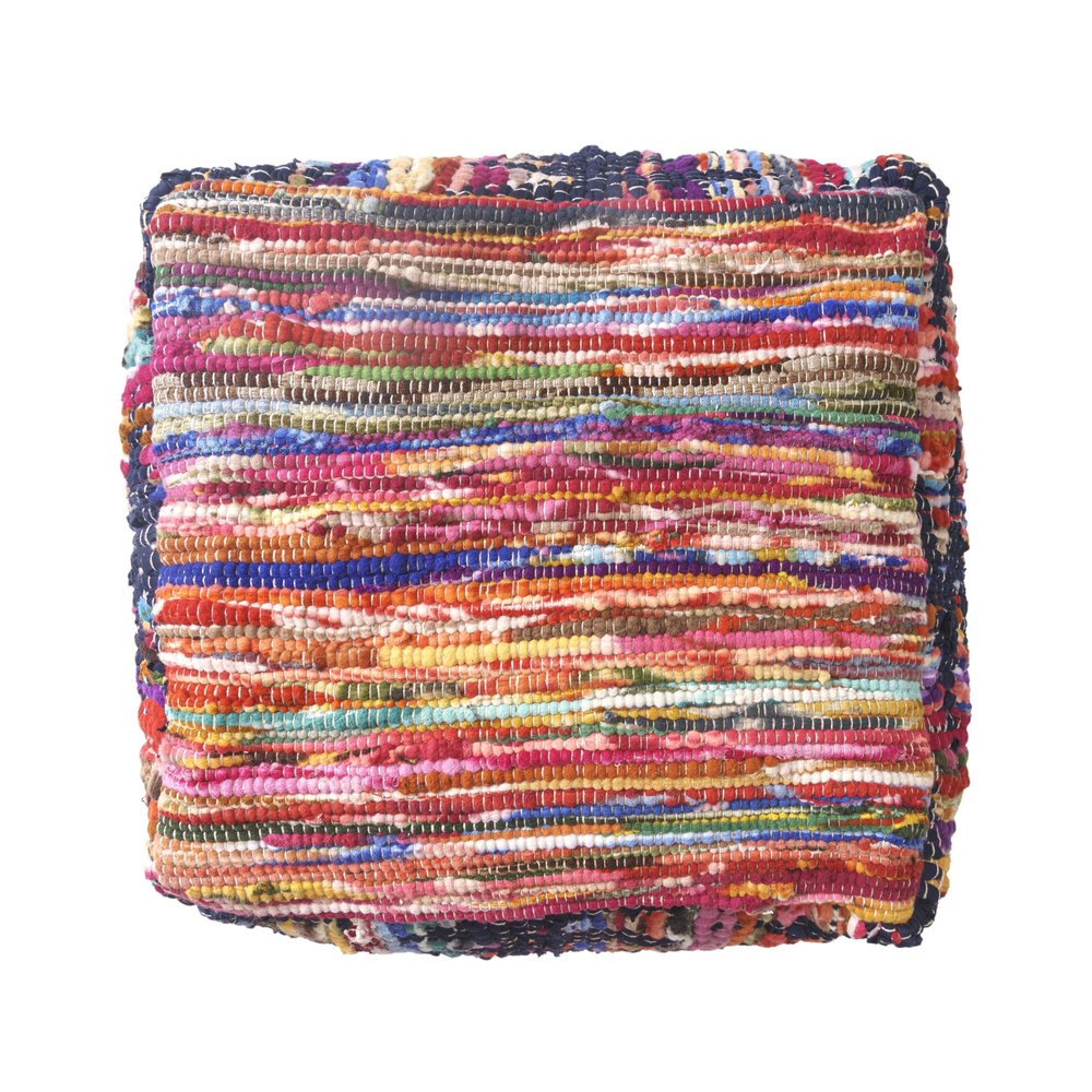 Blue Cotton and Jute Cube Pouf Ottoman - 18-inch