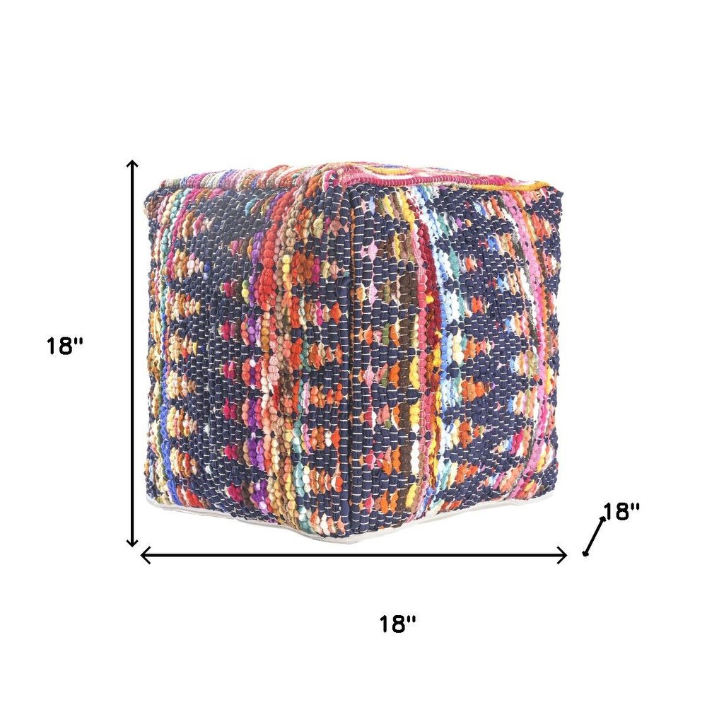 Blue Cotton and Jute Cube Pouf Ottoman - 18-inch
