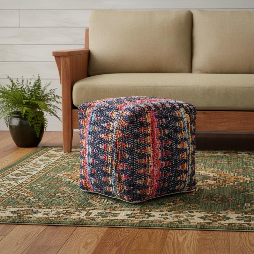 Blue Cotton and Jute Cube Pouf Ottoman - 18-inch
