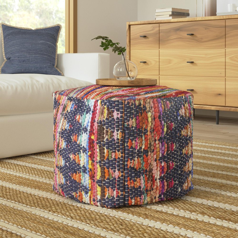 Blue Cotton and Jute Cube Pouf Ottoman - 18-inch