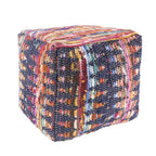 Blue Cotton and Jute Cube Pouf Ottoman - 18-inch