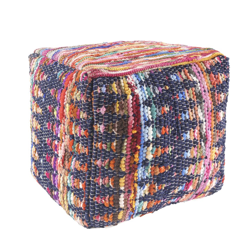 Blue Cotton and Jute Cube Pouf Ottoman - 18-inch