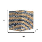Beige and Blue Cotton and Jute Striped Pouf Ottoman - 18-inch