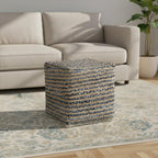 Beige and Blue Cotton and Jute Striped Pouf Ottoman - 18-inch
