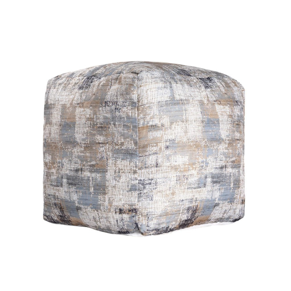 Blue Cotton Abstract Pouf Ottoman - 18-inch