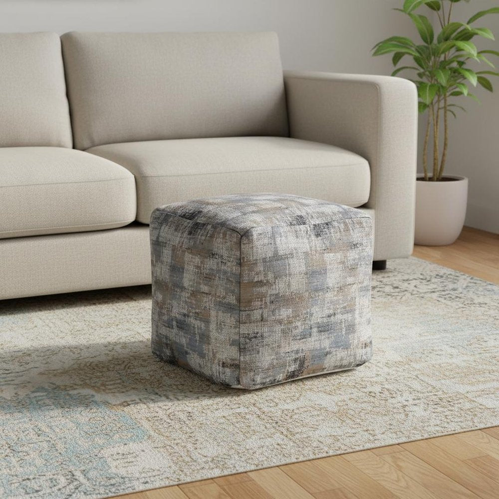 Blue Cotton Abstract Pouf Ottoman - 18-inch
