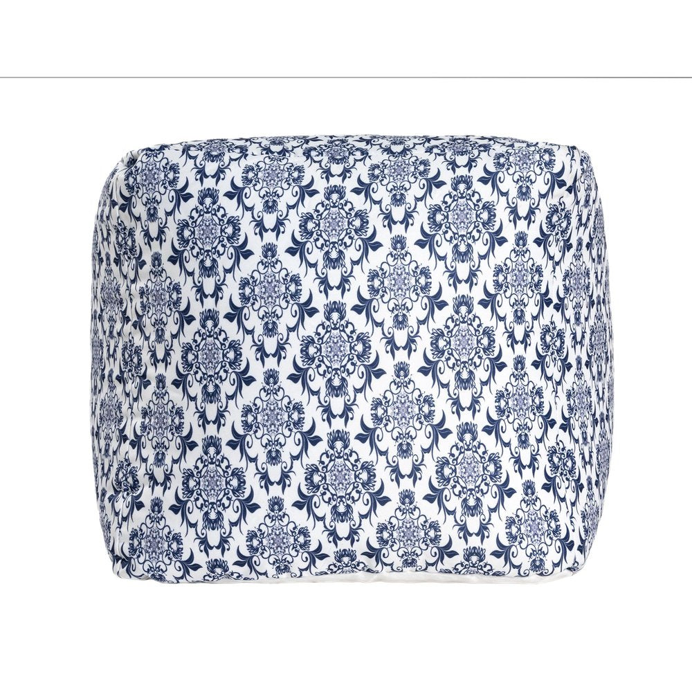 Blue and White Cotton Floral Pouf Ottoman - 18-inch