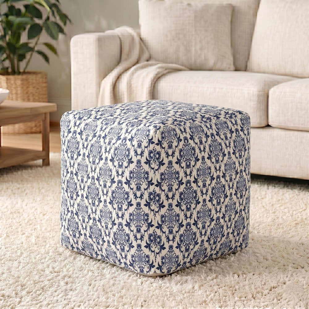 Blue and White Cotton Floral Pouf Ottoman - 18-inch