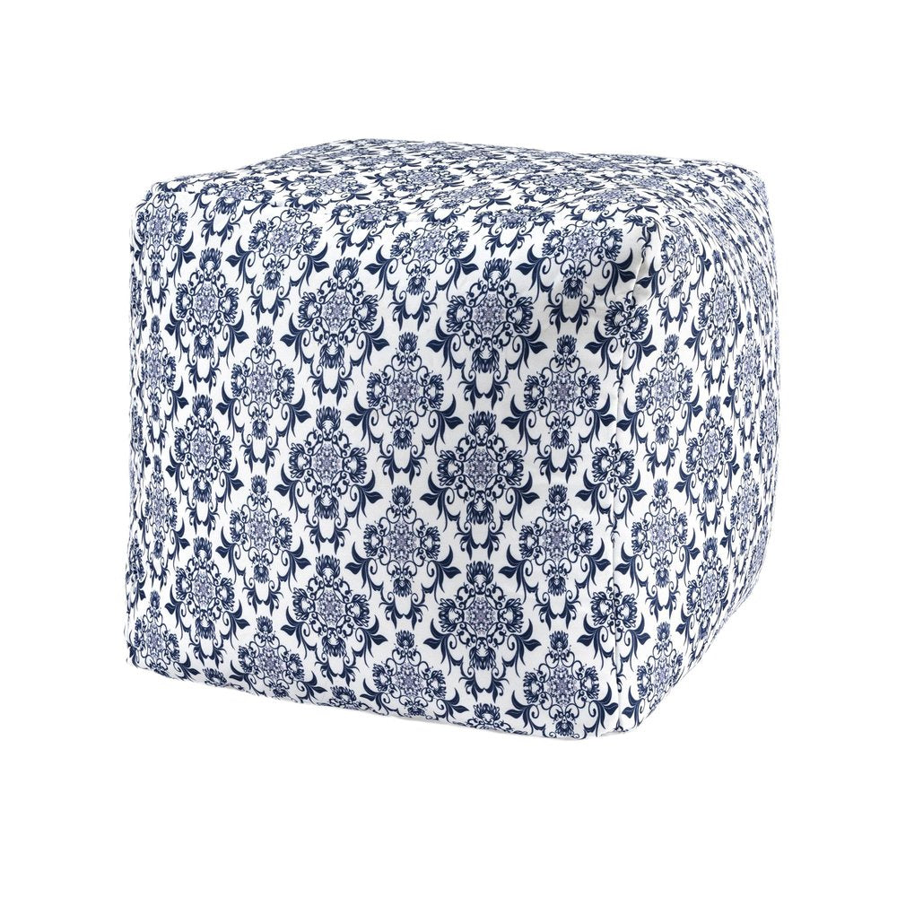 Blue and White Cotton Floral Pouf Ottoman - 18-inch