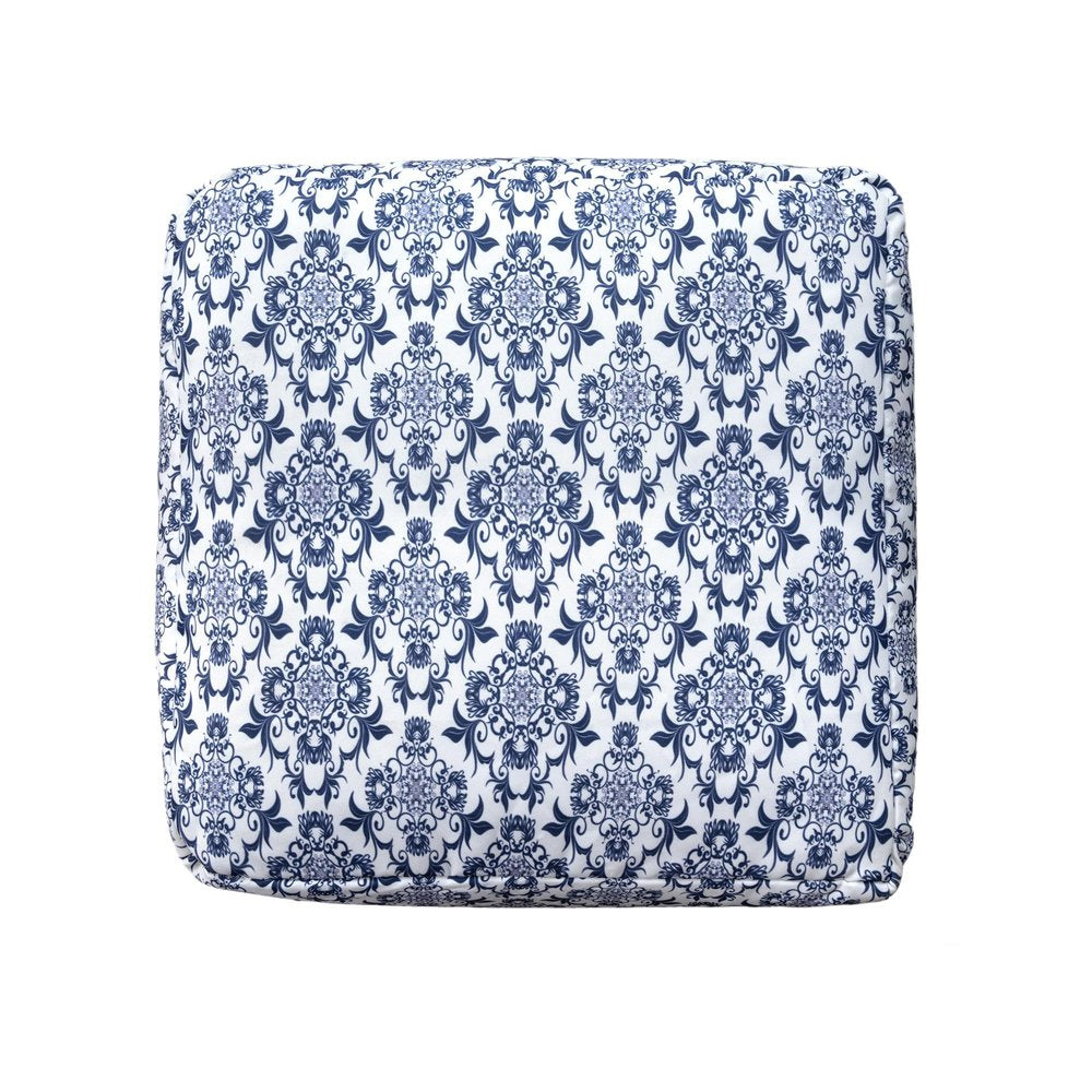 Blue and White Cotton Floral Pouf Ottoman - 18-inch