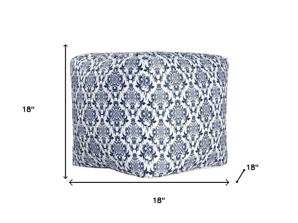 Blue and White Cotton Floral Pouf Ottoman - 18-inch