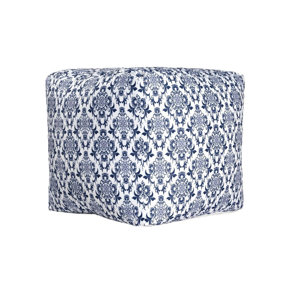 Blue and White Cotton Floral Pouf Ottoman - 18-inch