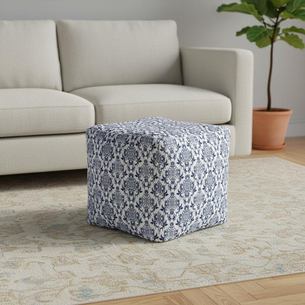 Blue and White Cotton Floral Pouf Ottoman - 18-inch