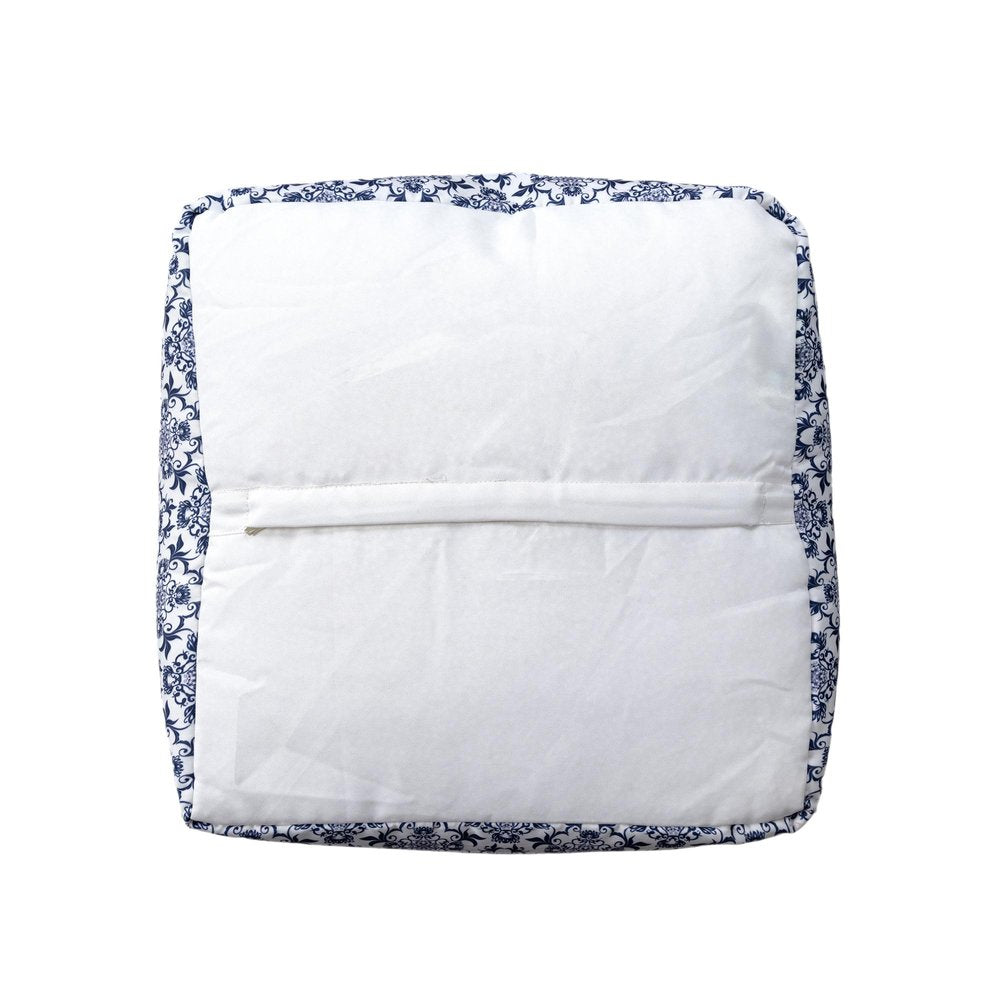 Blue and White Cotton Floral Pouf Ottoman - 18-inch